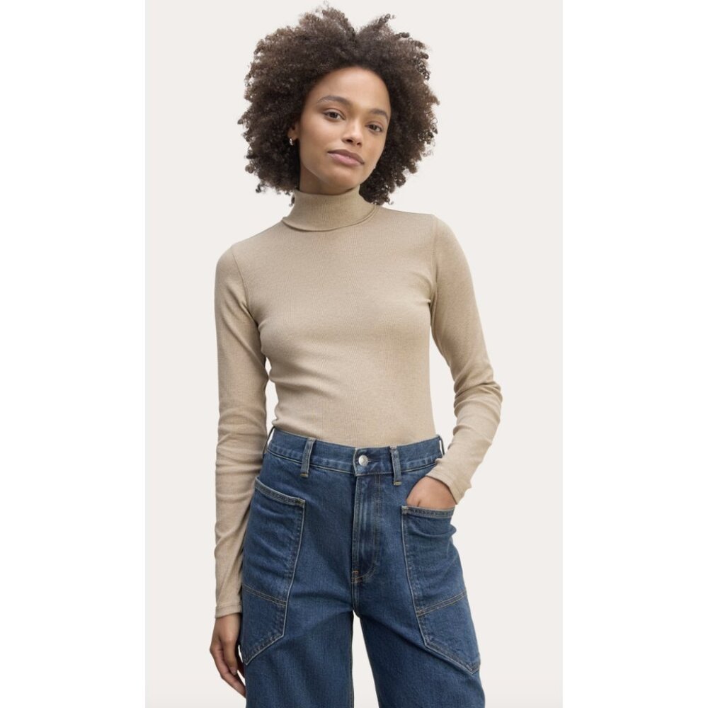 EVERLANE The Luxe Rib Turtleneck Top in Heathered Tan Minimalist Stretch - Sz M